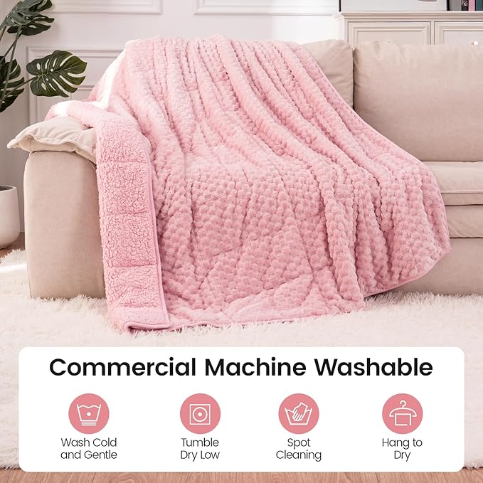 Super Fuzzy Soft Fleece Sherpa Weighted Blanket 15 lbs for Adults, 3D Imitation Turtle Shell Luxury Weighted Throw for Better Sleep, Dual Sided Cozy Heavy Blankets for Couch Bed, Pink, 48" x 72"