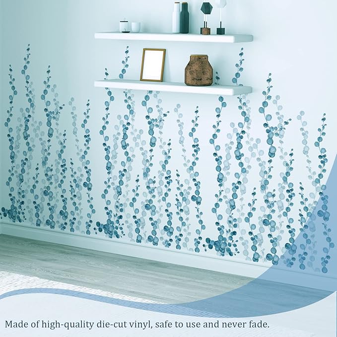Blue Hanging String of Pearls Succulents Vine Wall Decals Peel and Stick, Large Plants Leaf Vinyl Wall Stickers, Removable Home Decor Art for Bedroom Living Room Classroom Office