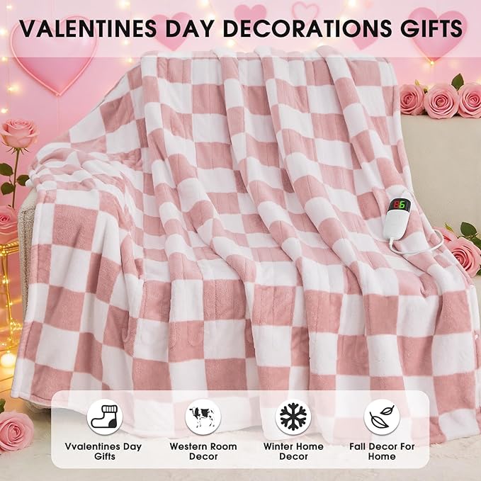 Light Pink Heated Blanket Electric Throw, 50X60 Heating Blanket with 10 Heat Levels & 8 Hours Auto Off for Lap, Checkered Plaid Soft Sherpa Blankets for Mom Grandma Women Couch