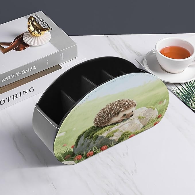 Cute Hedgehog Remote Control Holder Organizer Box with 5 Compartment PU Leather Bedside Storage Caddy Remote Organizer for Controller Media Player Pen/Pencil Storage