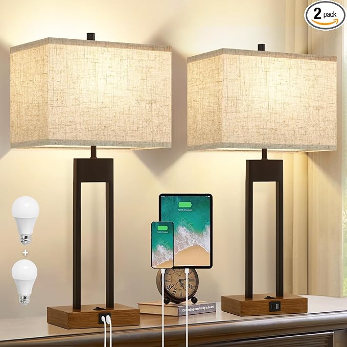 GyroVu Extra Large 25.5'' Set of 2 Modern Bedroom Table Lamps with USB C+A Ports, Color Changeable, Brown Night Stand Lamps for Bedside, Guest Room, Office, Reading