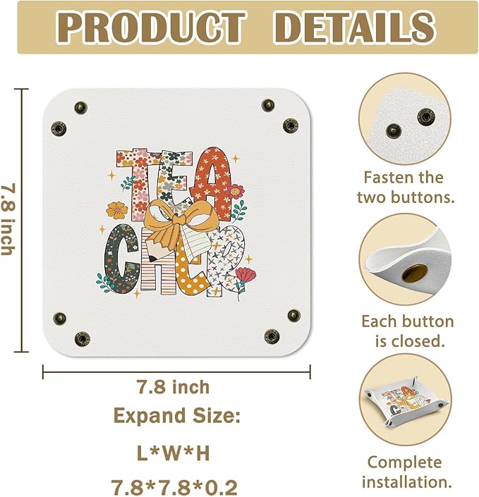 Teacher Appreciation Gifts Jewelry Valet Tray for Women, Gifts for Teacher PU Leather Catchall Beside Caddy Nightstand Organizer Tray for Jewelry Rings Watches and Accessories, 7.87x7.87in