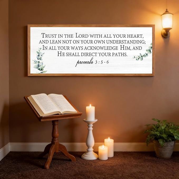 Trust in the Lord with All Your Heart Wall Art: 40"x15" Framed Bible Verse Wooden Sign, Proverbs 3:5–6 Christian Wall Decor, Large Rustic Scripture Home Decor, Natural