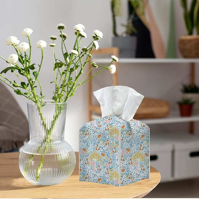 Tissue Box Cover, Tissue Box Holder, Square with Belt Bottom, PU Leather Decorative Organizer for Desk, Tabletop, Countertop Bathroom, Toilet Car, Bedside, Dresser Kitchen, Squirrel Flower Tree Decor