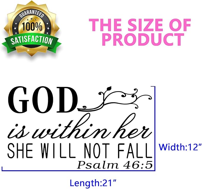 SEATUNE Wall Decals for Women, Wall Decals for Bedroom, God Quotes Bible Verse Christian Religious Prayer Jesus Faith Positive Vinyl Art Decor Home Stickers God is Within Her She Will Not Fall 21"X12"