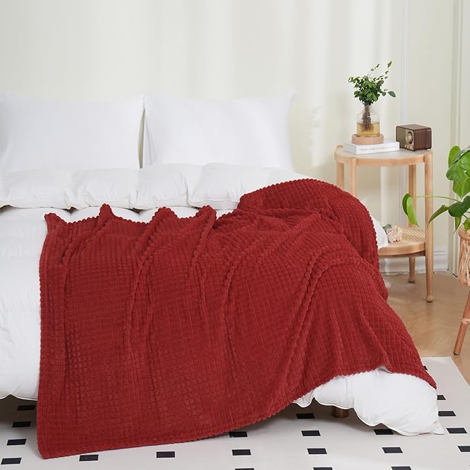 Red Throw Blanket 50"×70" Decorations Fleece Super Soft Plush Fuzzy Cozy Blanket with Square 3D Jacquard Grid Design Luxury Lightweight for Couch Sofa Chair