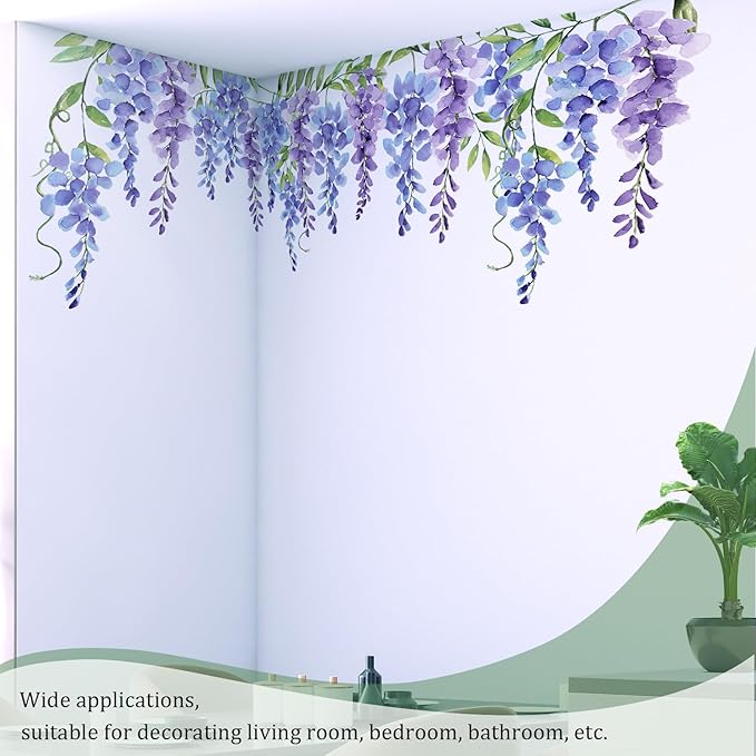 Purple Flowers Wall Decals Peel and Stick, Large Wisteria Floral Vinyl Wall Stickers, Removable Vine Home Decor Art for Bedroom Living Room Classroom Office