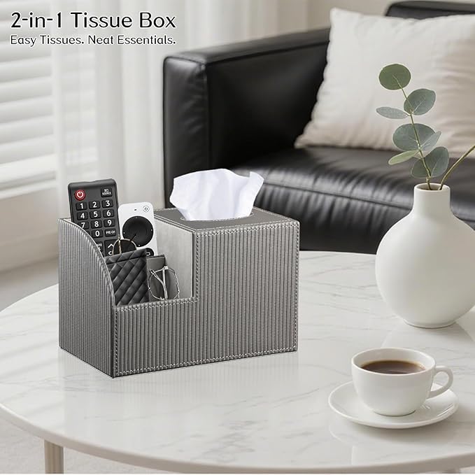 Fanousy Square Tissue Box Cover with Storage, PU Leather Cube Tissue Box Holder, Remote Control Nightstand Organizer, Modern Desk Caddy for End Table, Bathroom, Bedroom, Home, Office Decor(Grey)