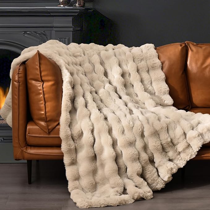 PHF Luxury Faux Rabbit Fur Blanket Twin Size, Ultra Soft Fluffy Plush Cozy Warm Bubble Blanket for Bed, Couch, Chair, Sofa Decorative, Thick Reversible Suitable for Fall & Winter, 60" x 80", Oak