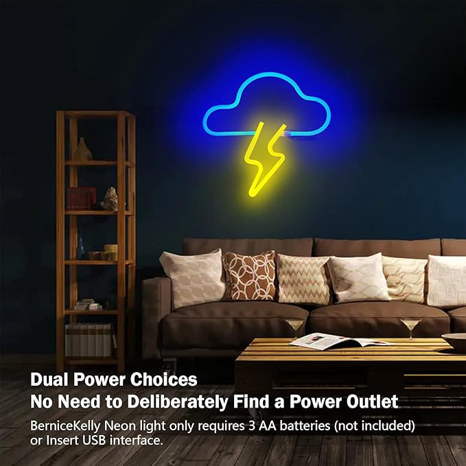 Neon Sign LED Cloud Lightning Neon Signs for Wall Decor Hanging Neon Light Battery or USB Powered Light Up Neon Lights for Bedroom Aesthetic Kids Room Living Room Bar Party Christmas Wedding Yellow