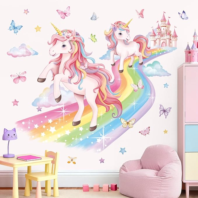 decalmile 2 Large Unicorn Rainbow Wall Decals Fairy Castle Cloudy Butterfly Wall Stickers Girls Bedroom Baby Nursery Kids Room Home Decor