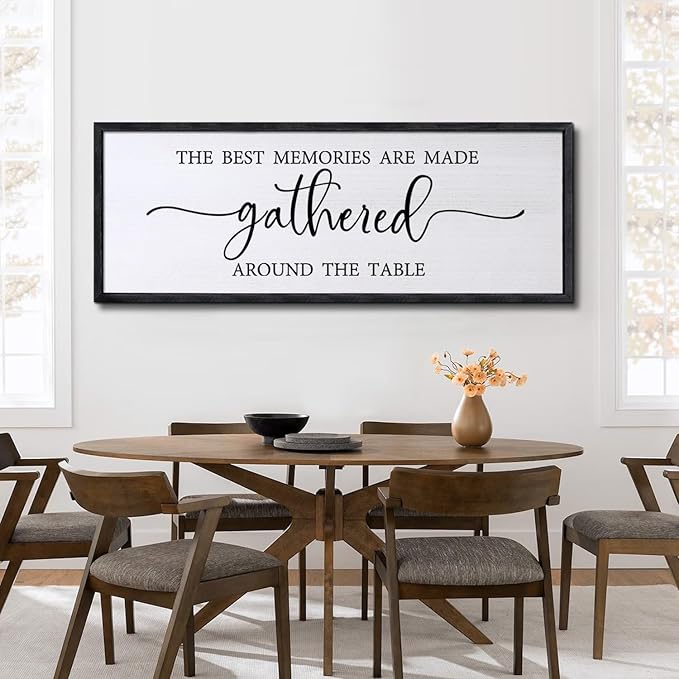 Foutcheou The Best Memories are Made Gathered Around The Table Wall Decor, 32''×12'' Framed Wood Farmhouse Kitchen Sign, Large Horizontal Dining Room Wall Art for Home Family, Black