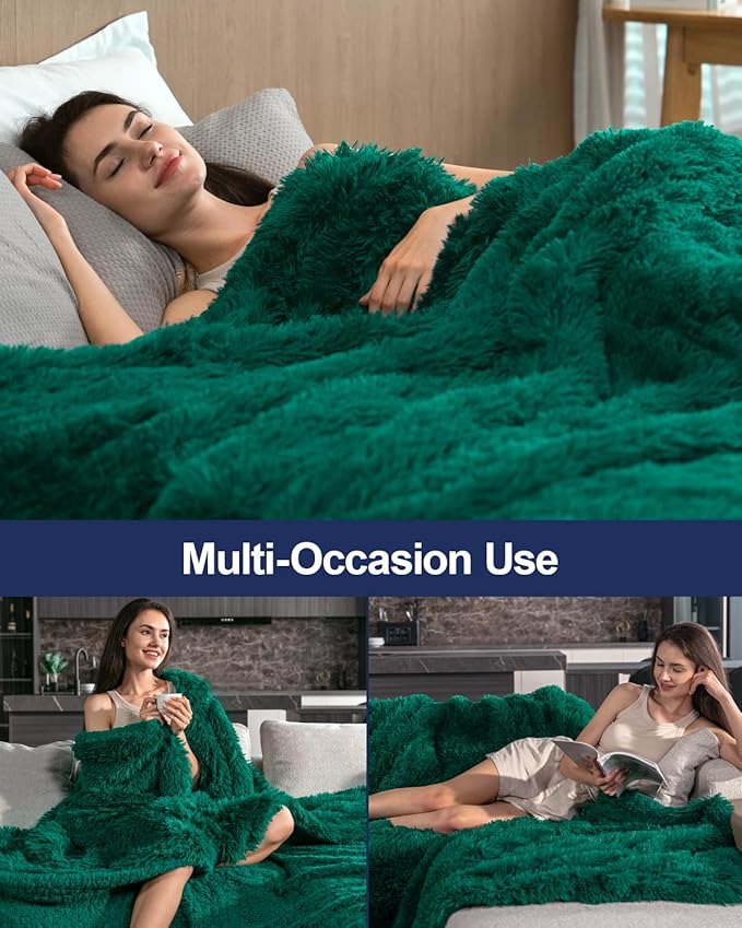 Pawque Faux Fur Throw Blankets 50x60 Inches, Soft Fuzzy Fluffy Blanket, Warm Thick Sherpa Long Hair Shag Reversible Lightweight Cozy Throw for Bedroom Sofa Couch, Green