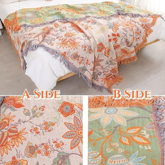Boho Throw Blankets for Bed Couch, 100% Cotton Soft Cozy Mexican Blanket Rustic Quilt 60"x80",Lightweight Reversible Muslin Farmhouse Decor Blankets for Armchair,Picnic,Sofa