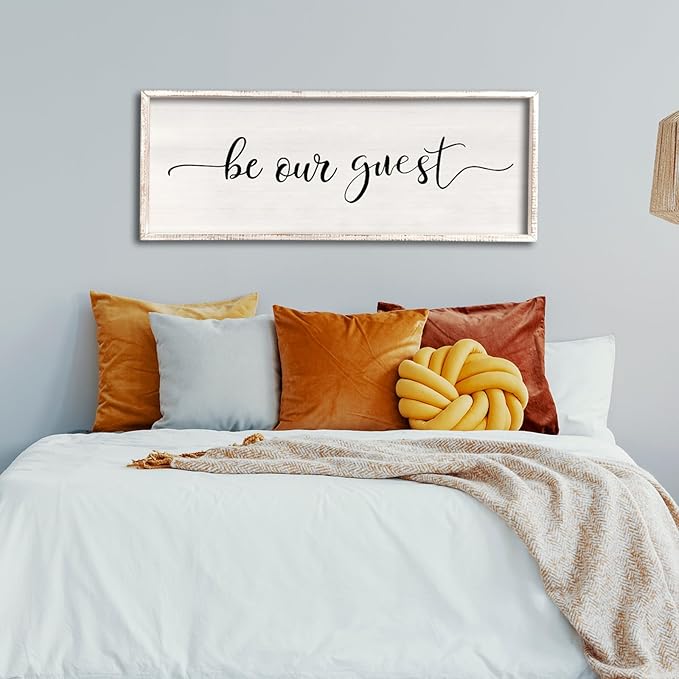 comurdyo Be Our Guest Wall Decor Sign 40”X15” Large Master Bedroom Above Bed Wall Decor Wood Framed Guest Room Sign Simple Rustic Farmhouse Over Bed Bedside Wall Art (White)