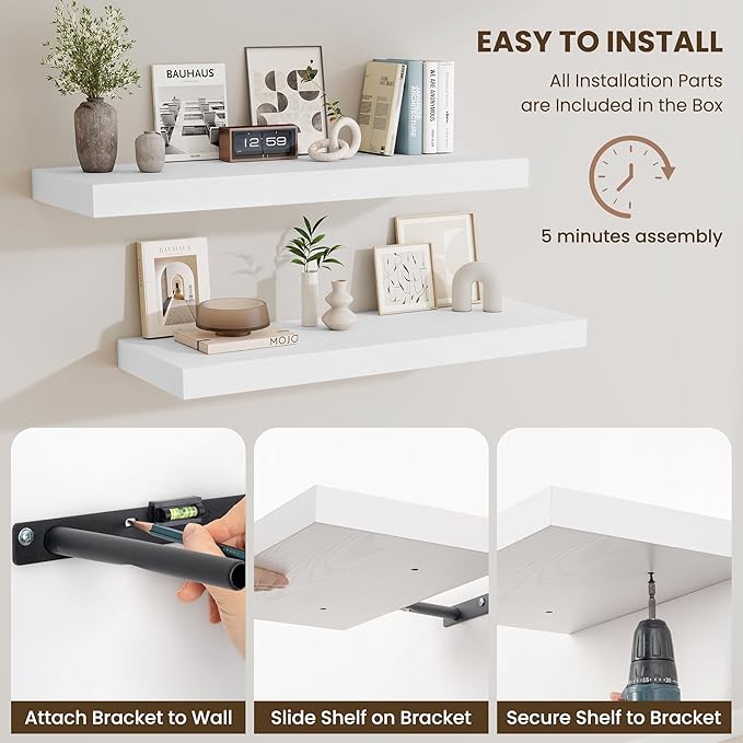 Fun Memories 72 Inch Fireplace Mantel Shelf, 12 Inch Deep Shelves for Display & Wall Storage, Rustic Wood Wall Shelf, Extra Long Floating Shelves for Living Room Laundry Room, White, Set of 1