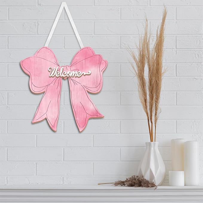 Pink Bow Decor Hanging Sign Cute Coquette Bow Decoration Double-sided Wooden Bowknot Welcome Door Sign for Preppy Room Wall Home Bedroom Fall Halloween Indoor Outdoor Porch
