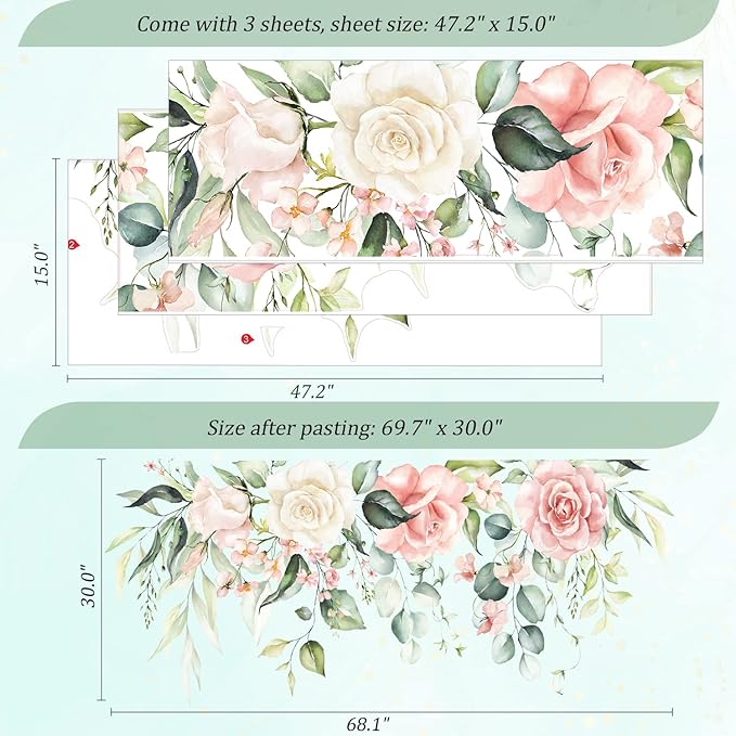 Flowers Leaves Wall Decals Peel and Stick, Large Hanging Floral Vinyl Wall Stickers, Removable Vine Home Decor Art for Bedroom Living Room Classroom Office