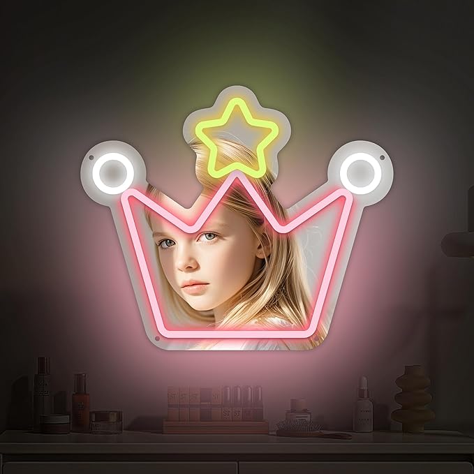 Moneter Anime Crown Mirror with Neon Signs, Wall Mount, Lighted & Neon Signs, Classic & Modern Style, 13.4 x 16 Inches