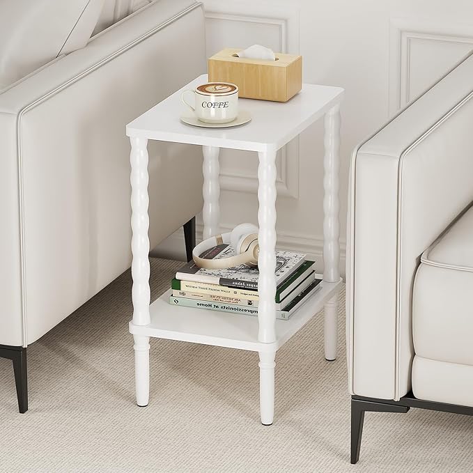 Small Narrow Side Table, Vintage End Table - Skinny Bedside Nightstand for Small Spaces, Couch/Recliner Accent Table for Bedroom Living Room Nursery, No-Tool Assembly (White)