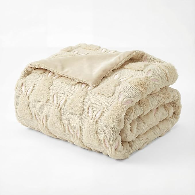 Horaldaily Easter Solid Blanket Throw, Beige Rabbits Head Soft Fuzzy Plush Faux Fur Cozy Blankets for Couch Sofa Bed Lounging, Ideal Gifts for Kids Adults Wife Self, 50x60