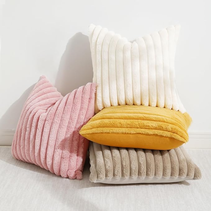 decorUhome Summer Cozy Faux Fur Throw Pillow Covers 18x18 Set of 2 Decorative Soft Plush Striped Modern Farmhouse Boho Couch Pillow Cases with Velvet Back for Sofa Bed Living Room, Mustard Yellow