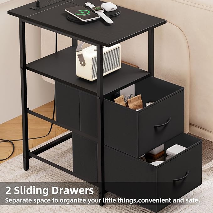 Somdot End Table with Charging Station,Narrow Side Table with 2 Fabric Drawers,Skinny Nightstand with Storage,Small Slim Bedside Table for Living Room,Sofa,Bedroom,Couch,Black