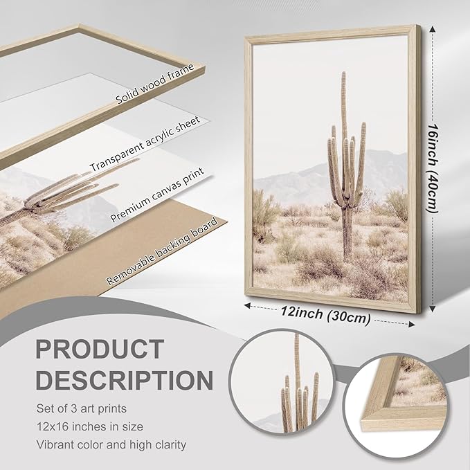 Sonoran Desert Landscape Wall Art Cactus Arizona Canvas Wall Decor Desert Poster Pictures Saguaro Cactus Art Prints Landscape Painting for Home Bedroom 12x16 Inch Wood Framed Set of 3