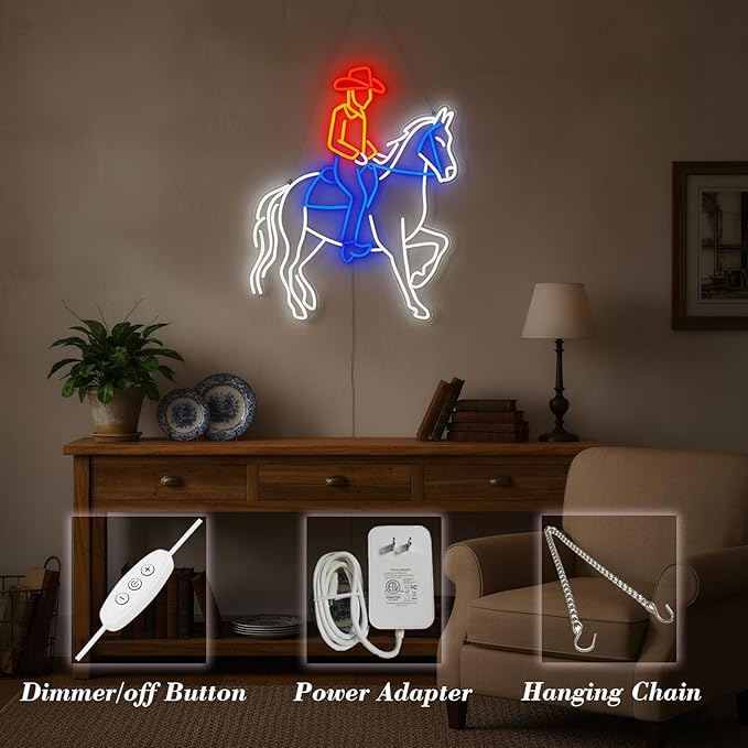 Large 24.5"x20" Cowboy Neon Sign for Wall Decor, Dimmable LED Light with Adapter, Perfect for Man Cave, Bar, Bedroom, Hip Hop Party, Birthday Gifts, or Teen Room Decor