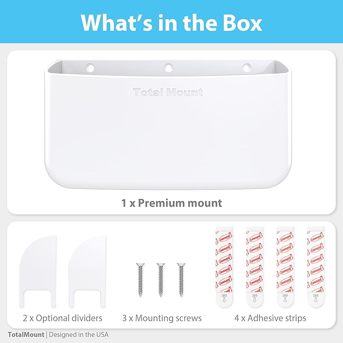TotalMount Hole-Free Remote Holder – Eliminates Need to Drill Holes in Your Wall (Premium White Holder for 3 or 4 Remotes)