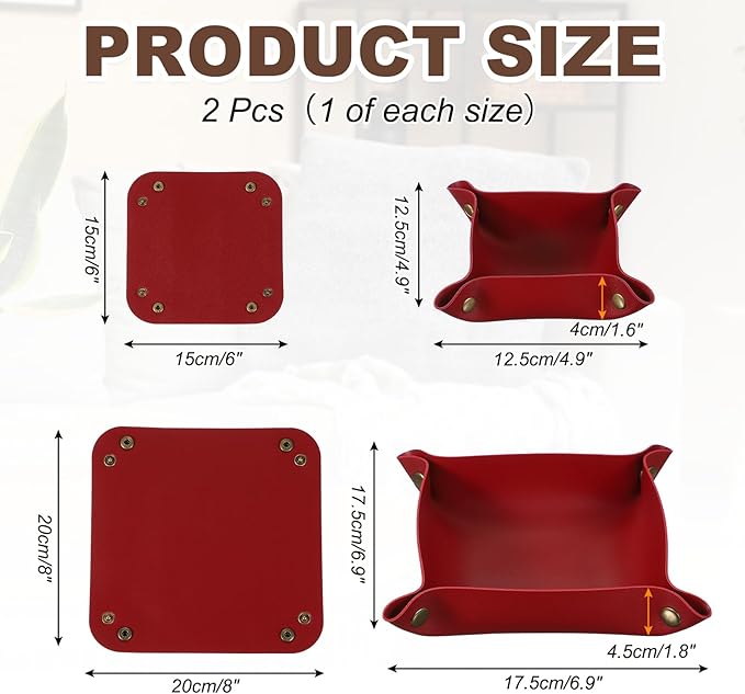 uxcell 2 Pcs Valet Tray for Women and Men, PU Leather Jewelry Tray Entryway Table Bedside Nightstand Catchall Storage Organizer for Jewelry Key Coin Watch Wallet(Square, Dark Red)