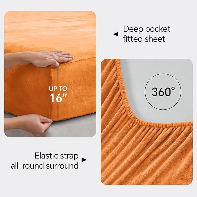 BEDELITE Flannel Sheets King Size Burnt Orange - Super Soft Fall Fleece Sheets Set Fluffy Extra Plush, 4 Piece(Include Fitted Sheet, Flat Sheet, 2 Pillowcases)