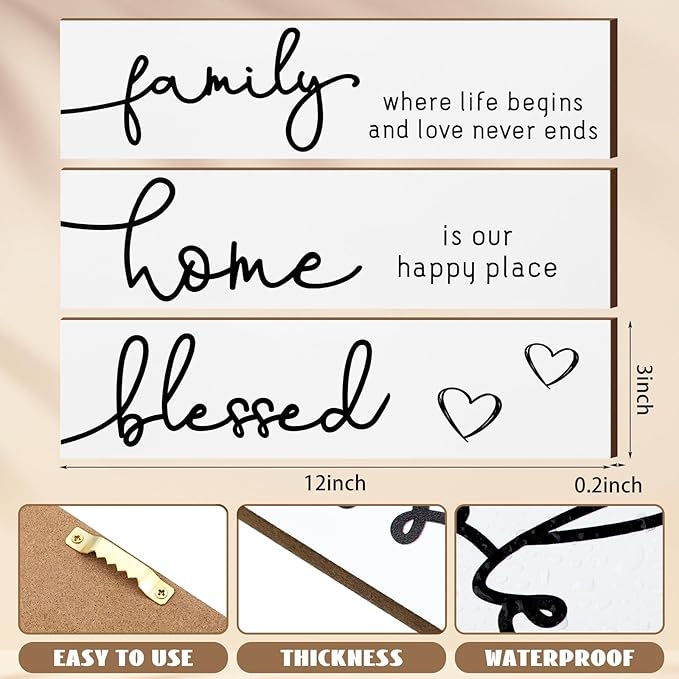 Jetec 3 Pieces Rustic Wood Sign Wall Decor Live Love Blessed Family and Love Quote Sign Farmhouse Wall Mount Decoration for Home Kitchen Living Room, 12 x 3 x 0.2 Inch(White, Black,Novel)