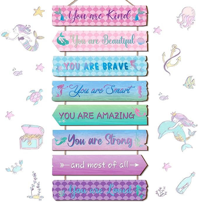 Inspirational Girl Room Decor Aesthetic Art Wall Hanging Sign Inspiring Colorful Rainbow Wooden Decoration for Kids Teens Toddler Boy Baby Bedroom Nursery Dorm Decor, 6-12 Years old (Mermaid)