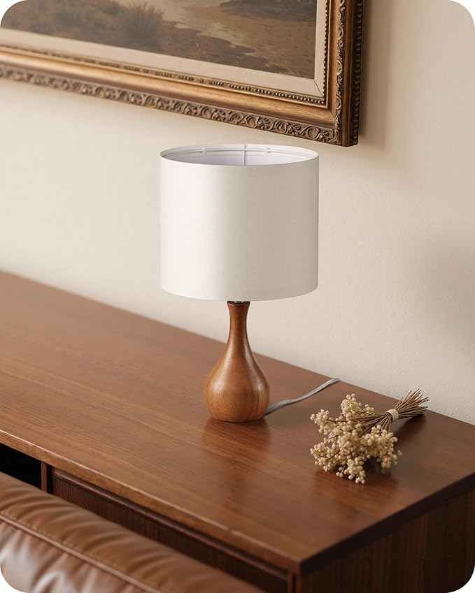 Small Table Lamp, Wood Bedside Lamp with White Linen Lampshade & Dark Wood Base, Mid Century Modern Nightstand Lamp for Bedroom, Living Room, Kid's Room, Dorm Room, E26 Socket, LW09TL05