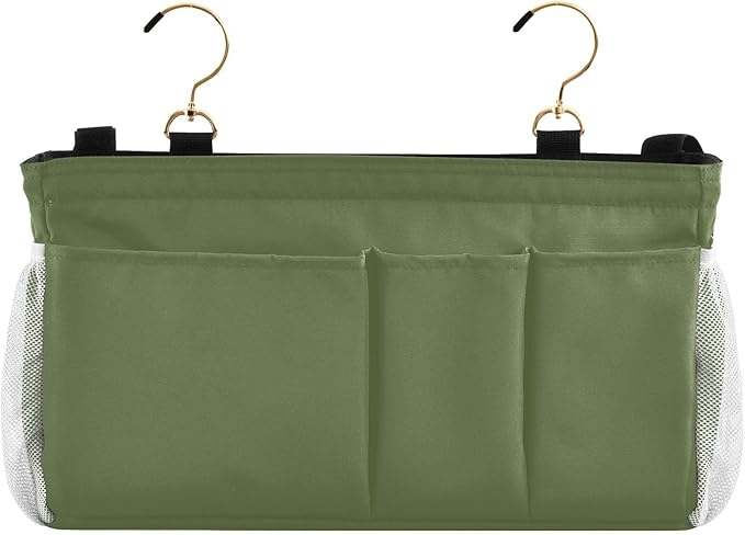 DOMIKING Dark Green Bedside Caddy for Dorm Bed Recliner Armrest Organizer with Hooks Haning Storage Bags for Couch Recliner Remote Control
