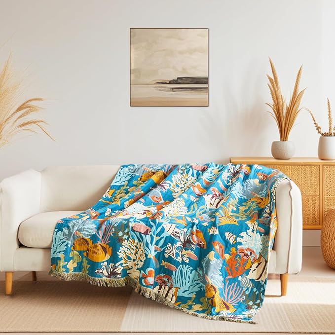 Throw Blanket for Couch Sofa 100% Cotton Blankets for Bedroom Living Room Spring Soft All Season Reversible Underwater Ocean Life Embroidery Throws Coastal Home Decor 50"x60"