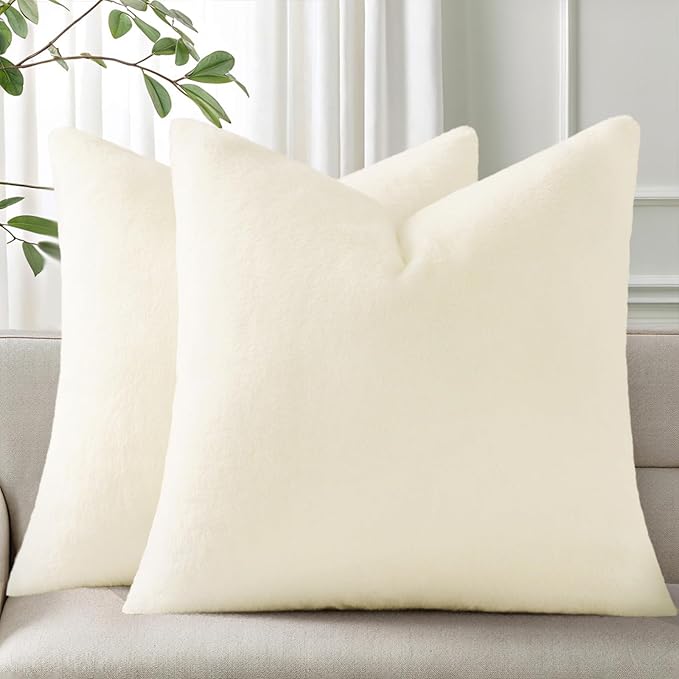 Pallene Faux Fur Plush Spring Throw Pillow Covers 26x26 Set of 2, Soft Fluffy Couch Pillow Covers for Living Room, Cream White
