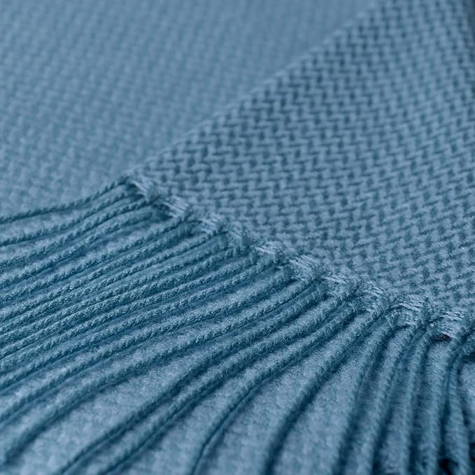 BOURINA Herringbone Two Tone Throw Blanket Faux Cashmere Fringe Soft Lightweight Cozy for Bed Couch Decorative Throws Blanket, Spa Blue, 50" x 60"
