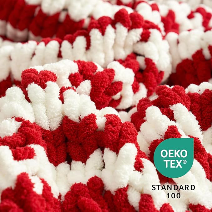 Amélie Home Chunky Knit Blanket Throw, Thick Soft Yarn Chunky Throw 50x60, Handmade Chenille Cable Knitted Crochet Throw Blanket, Warm Rope Knot Blanket for Couch Bed Sofa, Red White Stripe