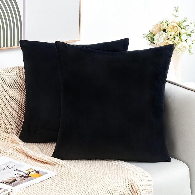 Throw Pillow Covers Decorative Velvet Set of 2 12x20 Inch Pillow Covers, Soft Black Lumbar Pillowcases for Couch Sofa Bed Living Room, Farmhouse Home Boho Decor, Accent Cushion Covers