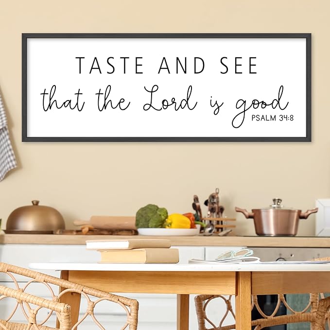 Oh Taste And See That The Lord Is Good Wall Decor 32"×12" Psalm 34:8 Bible Verse Scripture Sign Large Christian Dining Room Wall Hanging Art (Black)