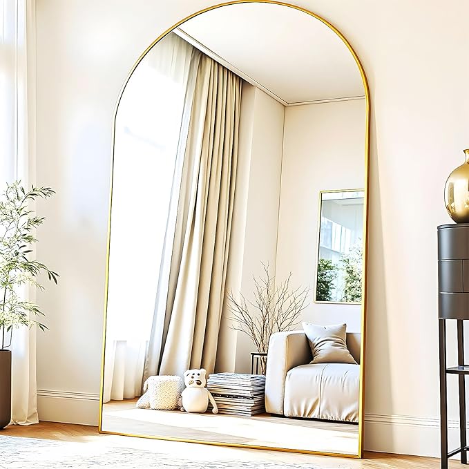 Full Length Floor Mirror, 91x46 Inch Oversized Arched Standing Mirror in Gold for Bedroom, Living Room, Dressing Room - Elegant Freestanding Leaning Mirror Decor
