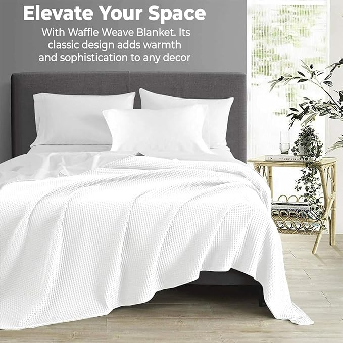 100% Cotton Blankets for Bed - Waffle Weave Blankets for Summer, Lightweight and Breathable Soft Woven Blanket for Spring (White, King (90" x 108"))