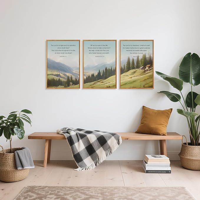 CHDITB Spiritual Scripture Framed Canvas Wall Art, Neutral Bible Verse Psalm Wall Decor, Forest Mountain Wall Painting, vintage Faith Based Uplifting Prints for Home Church Prayer Room Decor 12”x16”x3