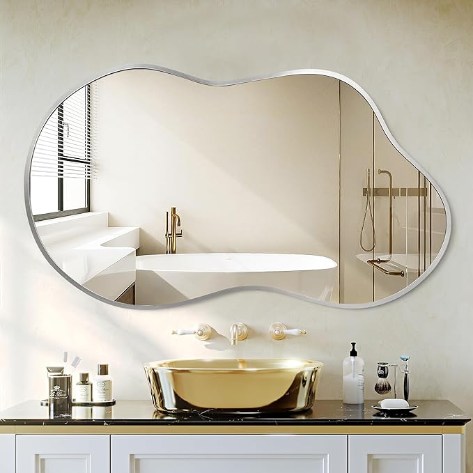 Irregular Wall Mirror - Wall Mirrors Decorative 24"x36" Silver Asymmetrical Mirror Tempered Glass Aviation Aluminum Alloy Frame for Bathroom, Bedroom, Living Room, Cloakroom, Entryway