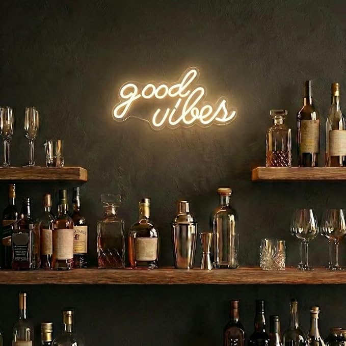 DECANIT Good Vibes Neon Sign Warm White, Boho LED Light for Wall Decor, Living Room, Wedding, Engagement Party, USB Powered 3D Art Holiday Gift, 16.1x8.3 Inch