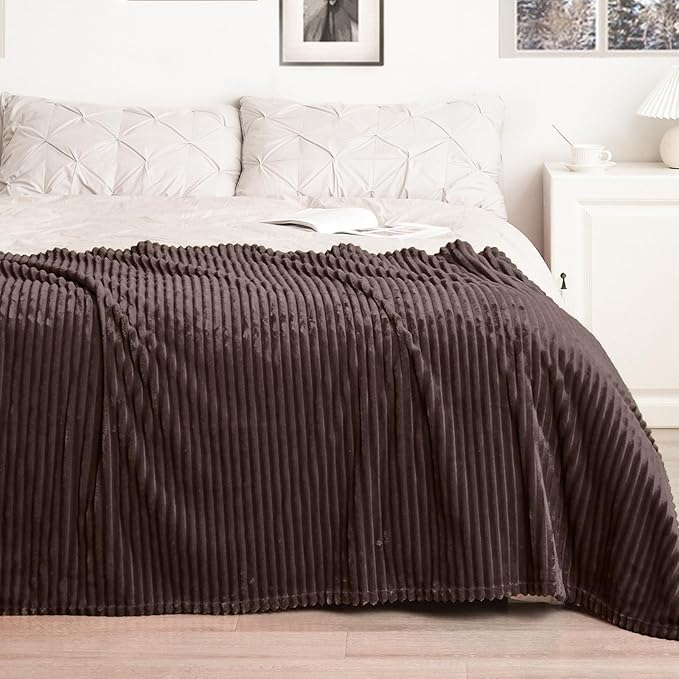 Vessia Flannel Fleece King Size Blanket(108x90 inch), 300GSM Cozy Brown Stripe Bed Blanket for Couch, Sofa and Bed, Warm and Soft Chocolate Microfiber Ribbed Decor for All Season