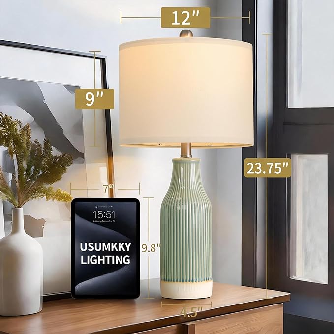 23.75" Modern Green Ceramic Table Lamp Set of 2 for Living Room, Farmhouse Bedside Nightstand Lamp for Bedroom Home Office Dorm