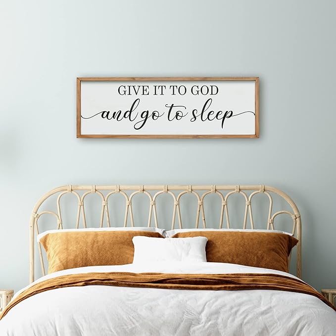 Houmury Framed Give it to God and Go to Sleep Signs 48"x16" Above Bed Wall Decors Wall Art for Bedroom Wood Signs (48 x16 inch, Brown)